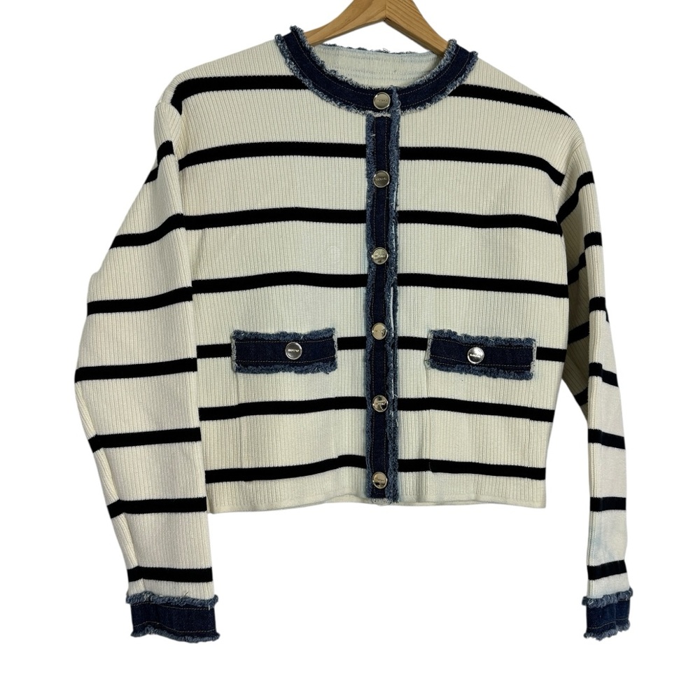 Sandro Stripey Cardigan With Denim Details - Picture 4 of 12